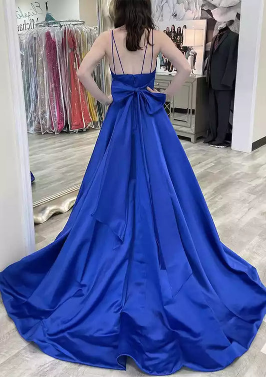 Gorgeous A-line V-neck sleeveless trailing satin bow pleated belt Prom Dresses