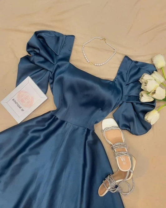 Gorgeous A line Square Neck Satin Navy Blue Evening Dress Prom Dresses Formal Summer Wedding Guest Dresses Wedding Guest Outfits simple gentle atmospheric and unique desi Bring summer colors to enhance whiteness by YiHuiw