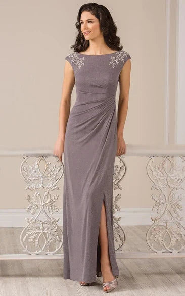 Cap-Sleeved Split Mother Of The Bride Dress with Crystals and Draping - Yihuiw by Yihuiw