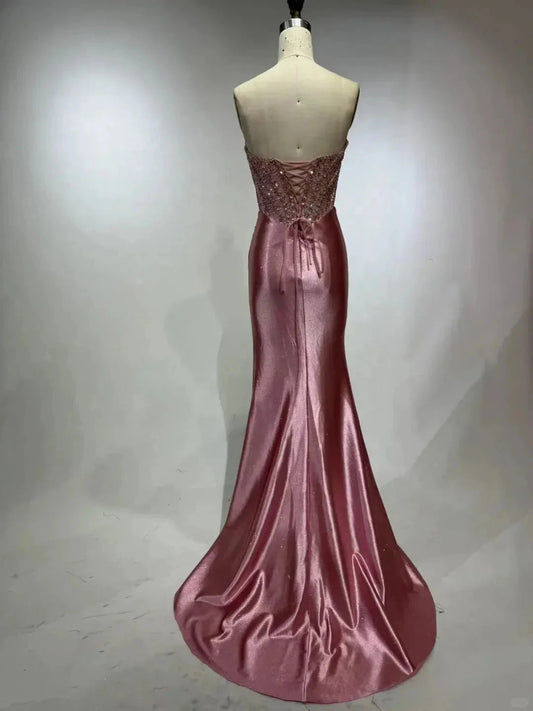 Gorgeous Elegant Exquisite Beading Long Sequin Satin Slit Floor Length Ball Gown simple gentle atmospheric and unique desi Bring summer colors to enhance whiteness by YiHuiw
