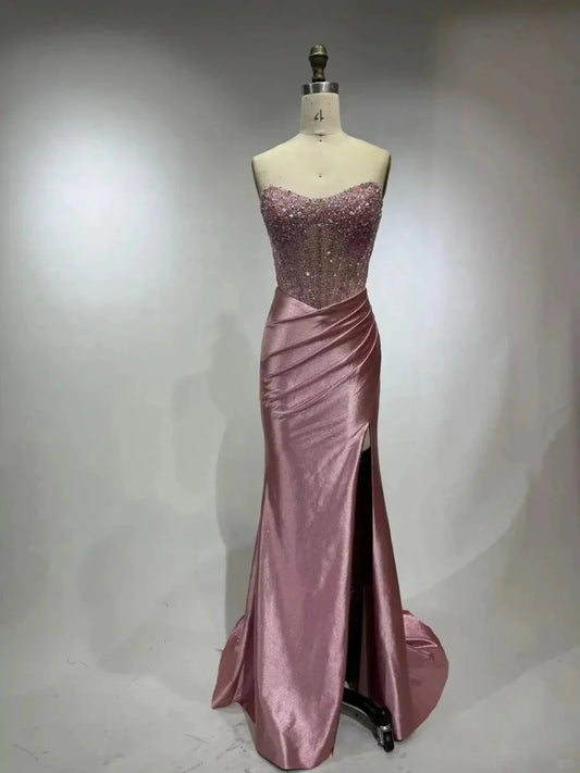 Gorgeous Elegant Exquisite Beading Long Sequin Satin Slit Floor Length Ball Gown simple gentle atmospheric and unique desi Bring summer colors to enhance whiteness by YiHuiw