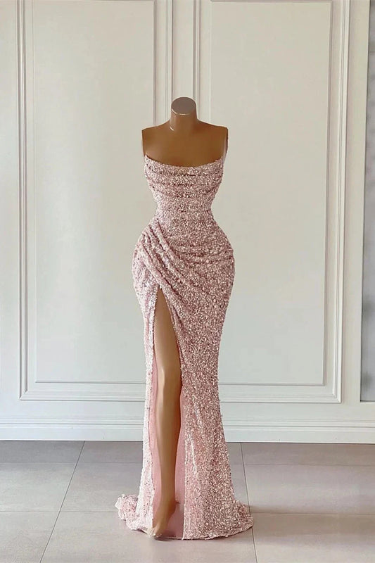 Gorgeous Light Pink Sequined Sleeveless Prom Dress With Slit simple gentle atmospheric and unique desi Bring summer colors to enhance whiteness by YiHuiw