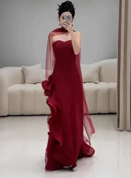 Gorgeous Sheath Strapless Burgundy Satin Prom Dresses Formal Summer Wedding Guest Dresses Wedding Guest Outfits With Scarf simple gentle atmospheric and unique desi Bring summer colors to enhance whiteness by YiHuiw