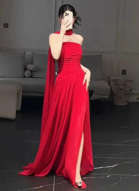 Gorgeous Sheath Strapless Red Chiffon Slit Prom Dresses Formal Summer Wedding Guest Dresses Wedding Guest Outfits simple gentle atmospheric and unique desi Bring summer colors to enhance whiteness by YiHuiw