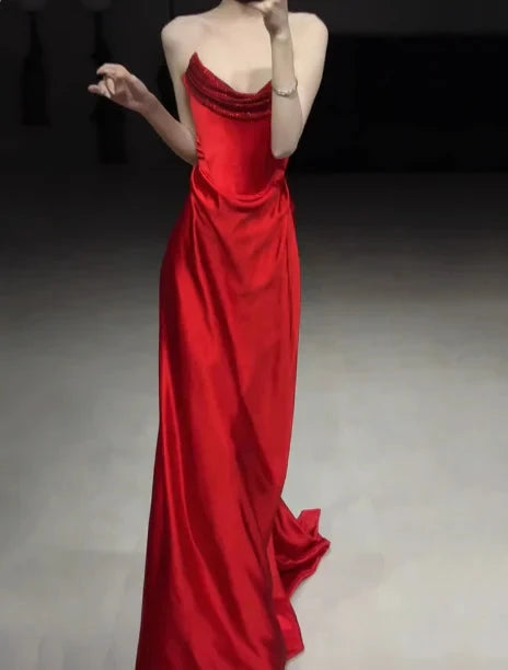 Gorgeous Sheath Strapless Red Satin Prom Dresses Formal Summer Wedding Guest Dresses Wedding Guest Outfits simple gentle atmospheric and unique desi Bring summer colors to enhance whiteness by YiHuiw