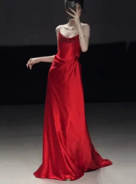 Gorgeous Sheath Strapless Red Satin Prom Dresses Formal Summer Wedding Guest Dresses Wedding Guest Outfits simple gentle atmospheric and unique desi Bring summer colors to enhance whiteness by YiHuiw