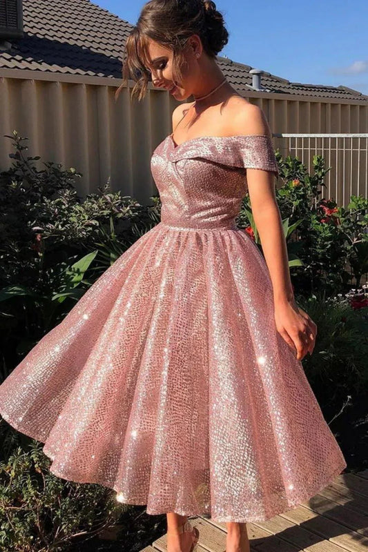 Blush Pink Glitter Homecoming Dress with Off-the-Shoulder Neckline – Sparkly Tea Length A-Line Party Dress