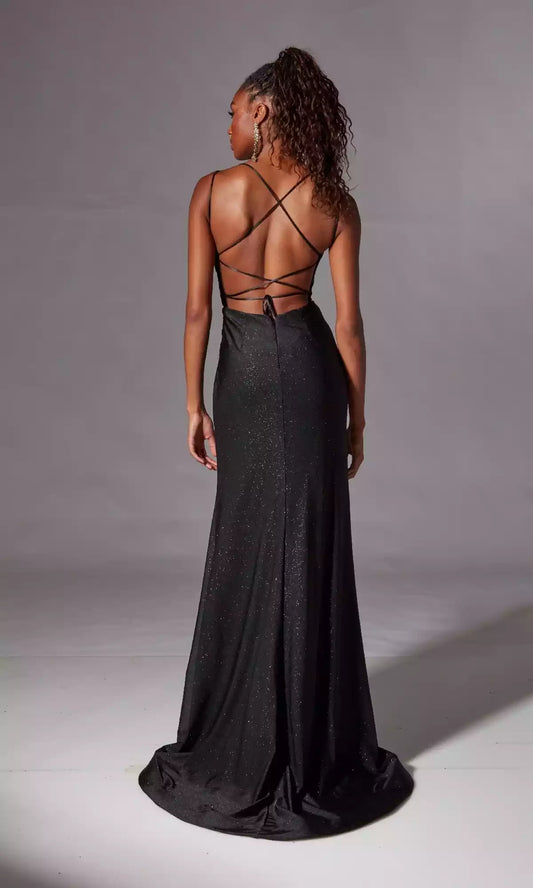 Gorgeous imitation wrap long style flash V-neck cross double layered thin suspender with side slits Prom Dresses