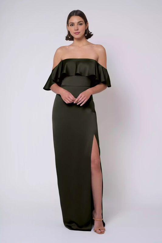 Gorgeous luxury satin off shoulder collar with ruffled edges, tight corset with ruffled edges, slim fit half body, side slit Prom Dresses
