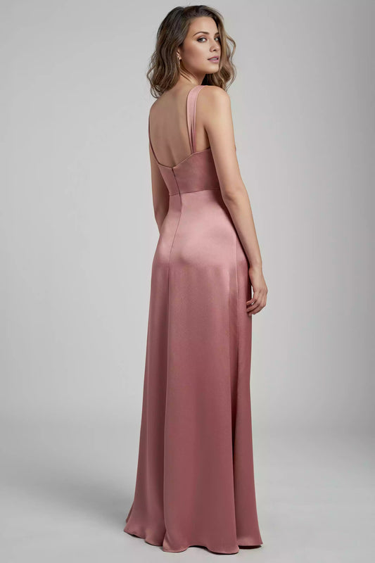 Gorgeous luxury satin scarf with wide pleated shoulder straps and A-line tight corset slit Prom Dresses