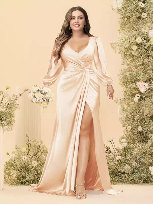 Gorgeous slim fit/straight V-neck long sleeved formal plus size side slit and pleated Bridesmaid Dresses