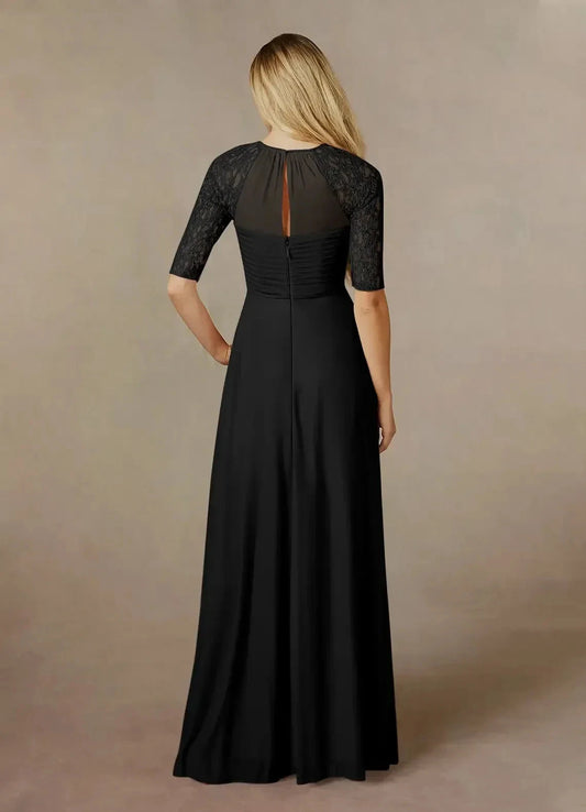 Graceful A Line Crew Neck Three Quarter Lace Sleeve Ruched Back Floor Length Mother of the Bride Dress by YiHuiw