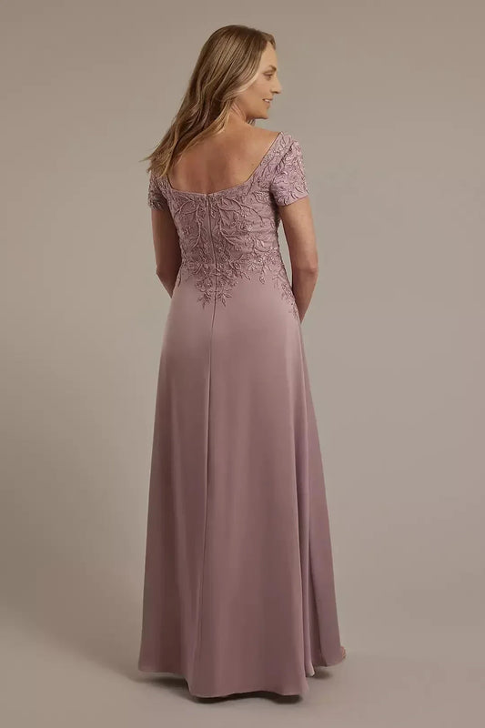 Graceful A Line Square Neck Short Sleeve Lace Back Floor Length Mother of the Bride Dress by YiHuiw