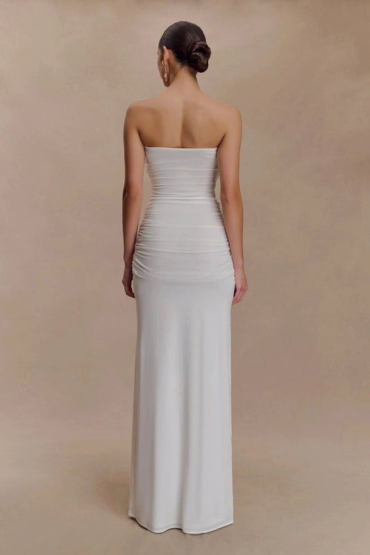 Graceful Mermaid Strapless Sleeveless Ruched Back Floor Length Prom Dress by YiHuiw