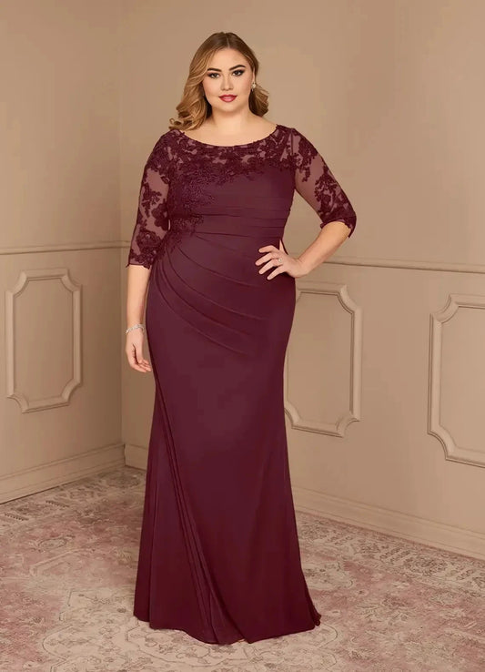 Graceful Plus Size Sheath Boat Neck Three Quarter Sleeve Lace Back Floor Length Mother of the Bride Dress by YiHuiw
