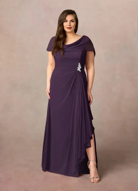 Graceful Plus Size Sheath Cowl Neck Cap Sleeve Draped Back Floor Length Mother of the Bride Dress by YiHuiw