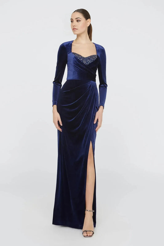Graceful Sheath Square Neck Long Sleeve Beaded Back Floor Length Prom Dress by YiHuiw