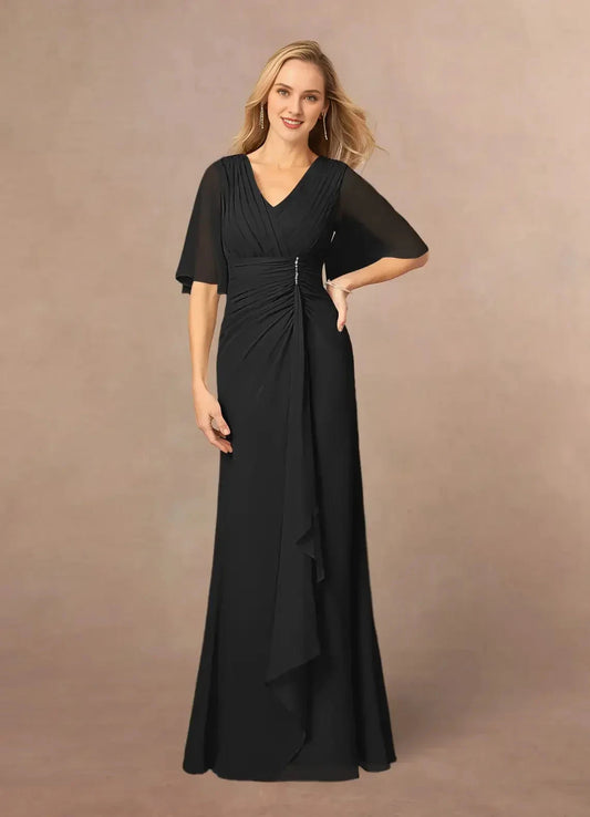 Graceful Sheath V Neck Flutter Sleeve Lace Back Floor Length Mother of the Bride Dress by YiHuiw