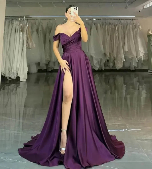Grape Long Satin Prom Dress with Slit Long Wedding Party Gown simple gentle atmospheric and unique desi Bring summer colors to enhance whiteness by YiHuiw