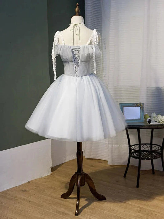 Gray tulle lace short prom dress gray tulle homecoming dress simple gentle atmospheric and unique desi Bring summer colors to enhance whiteness by YiHuiw