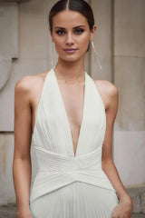 Grecian-Inspired Pleated Chiffon Halter Deep-V Open-Back Train Wedding Dress by YiHuiw