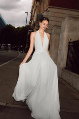 Grecian-Inspired Pleated Chiffon Halter Deep-V Open-Back Train Wedding Dress by YiHuiw