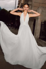 Grecian-Inspired Pleated Chiffon Halter Deep-V Open-Back Train Wedding Dress by YiHuiw