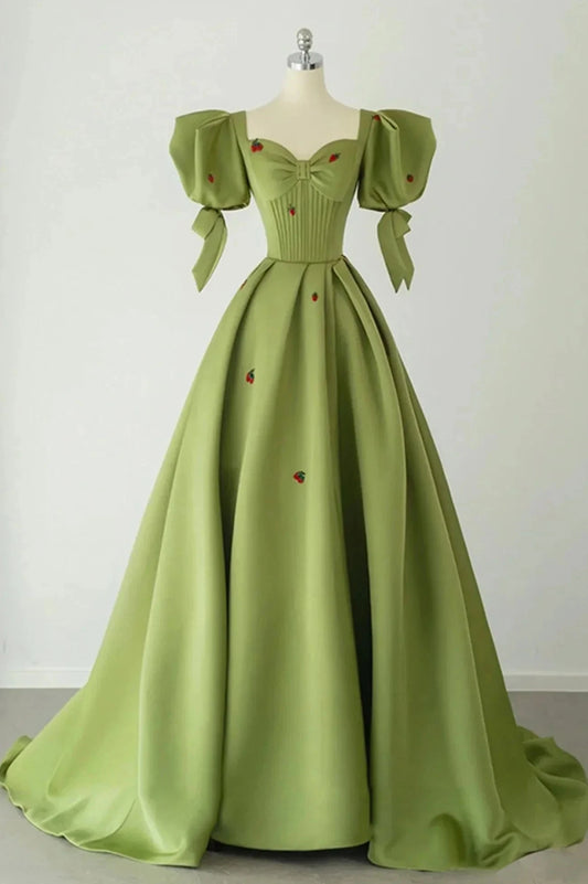 Green A-Line Long Prom Dress Strawberry Lace Lovely Short Sleeve Evening Dress simple gentle atmospheric and unique desi Bring summer colors to enhance whitenes by YiHuiw