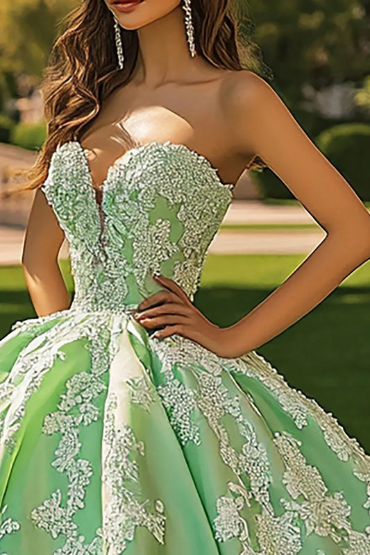 Sage Green Strapless Ball Gown Prom Dress with Floral Lace Appliques and Satin Skirt