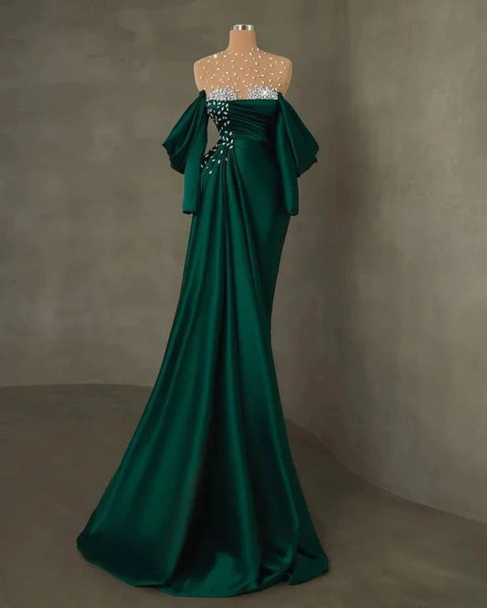 Green Beaded Elegant Long Satin Ball Gown Evening Gown Party Dress simple gentle atmospheric and unique desi Bring summer colors to enhance whiteness by YiHuiw