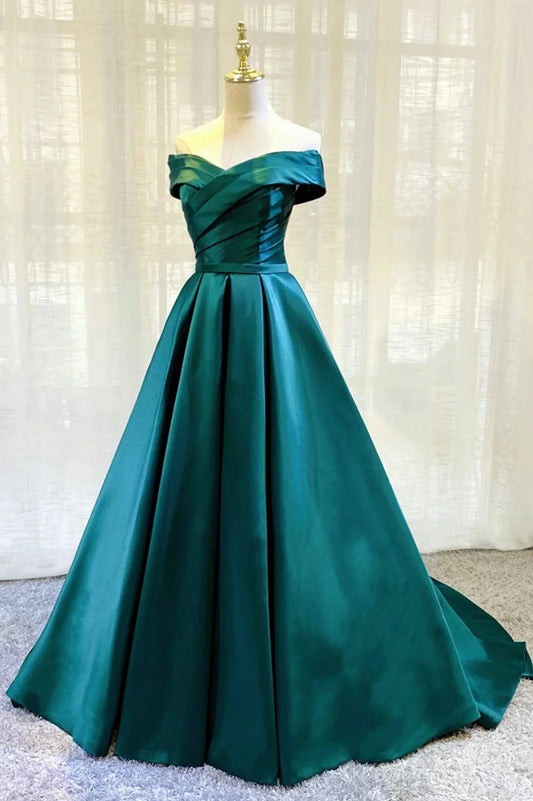 Green Satin Long A-Line Prom Dress Simple Off the Shoulder Evening Dress simple gentle atmospheric and unique desi Bring summer colors to enhance whitenes by YiHuiw