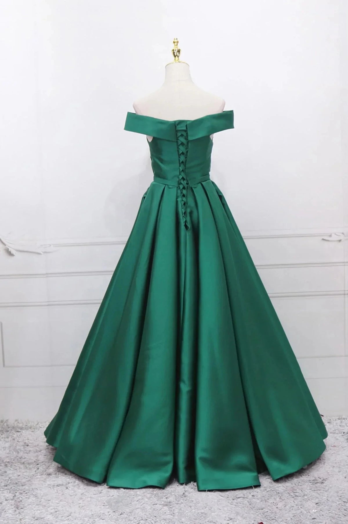 Green Satin Long A-Line Prom Dress V-Neck Off the Shoulder Evening Dress simple gentle atmospheric and unique desi Bring summer colors to enhance whitenes by YiHuiw