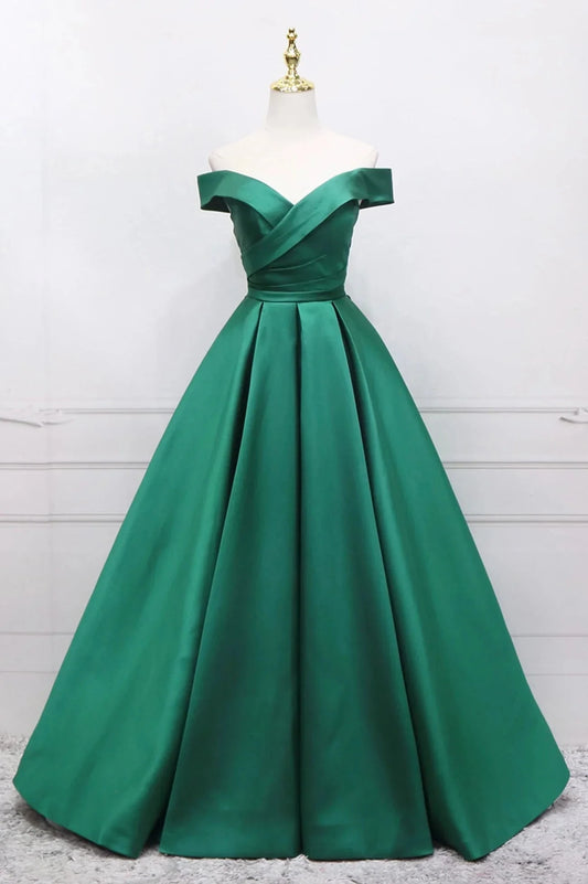 Green Satin Long A-Line Prom Dress V-Neck Off the Shoulder Evening Dress simple gentle atmospheric and unique desi Bring summer colors to enhance whitenes by YiHuiw