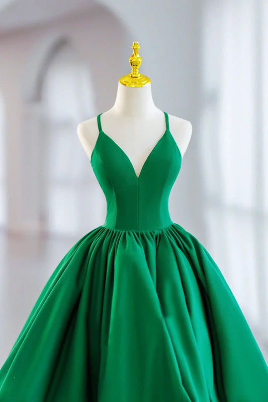 Green Satin Short A-Line Prom Dress Green V-Neck Party Dress simple gentle atmospheric and unique desi Bring summer colors to enhance white by YiHuiw