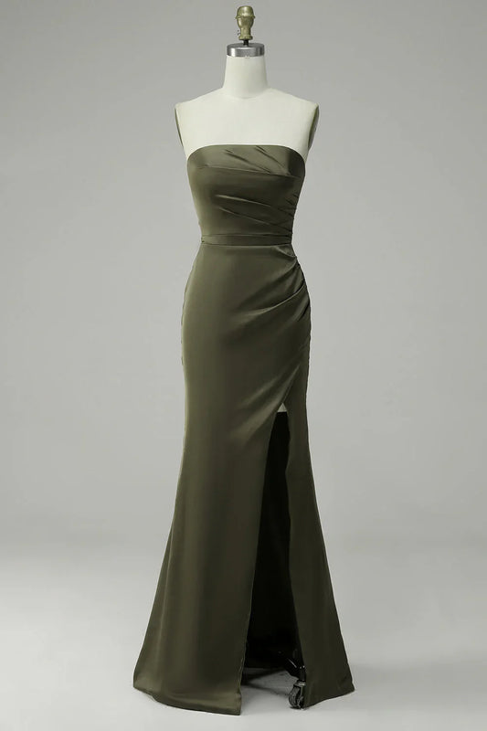 Strapless Ruched Satin Mermaid Evening Dress with High Slit