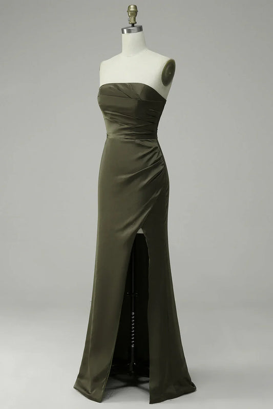 Strapless Ruched Satin Mermaid Evening Dress with High Slit