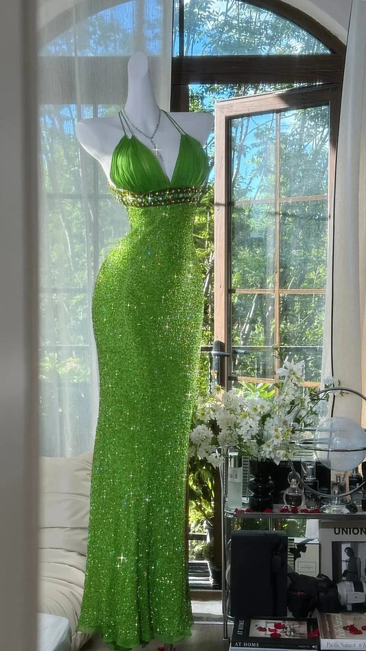 Green shiny exquisite gorgeous long chiffon Prom dress evening dress party dress simple gentle atmospheric and unique desi Bring summer colors to enhance whiteness by YiHuiw