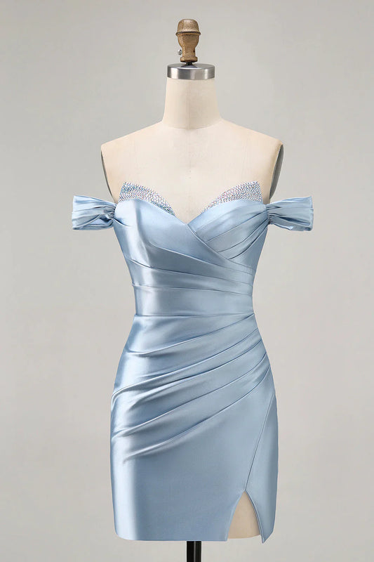 Sky Blue Satin Off-the-Shoulder Homecoming Dress with Ruched Bodycon Silhouette