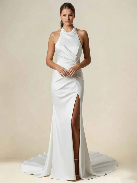 Halter-Neck Satin Wedding Dress with Ruched Bodice, High Thigh Slit & Low Cowl Back