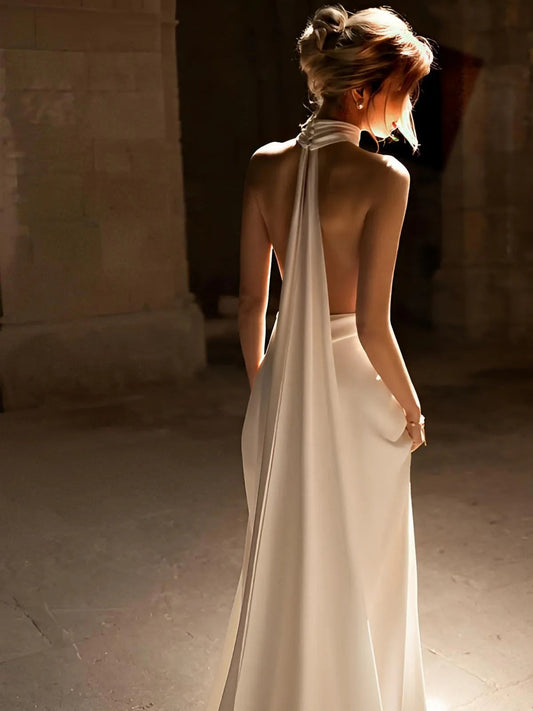 Halter-Neck Satin Wedding Dress with Choker Detail Deep V-Bodice Open Back & Chapel Train