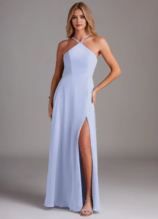 A-Line Halter Chiffon High Slit Wedding Dress - Yihuiw by Yihuiw
