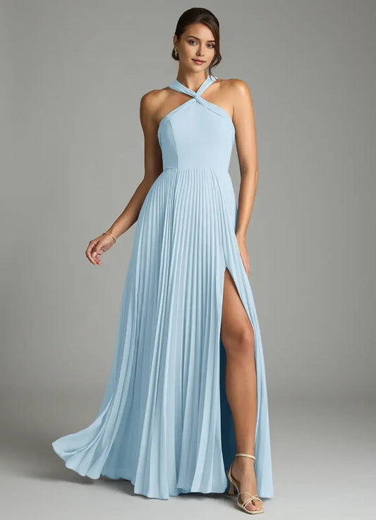 A-Line Halter Chiffon High Slit Wedding Dress - Yihuiw by Yihuiw