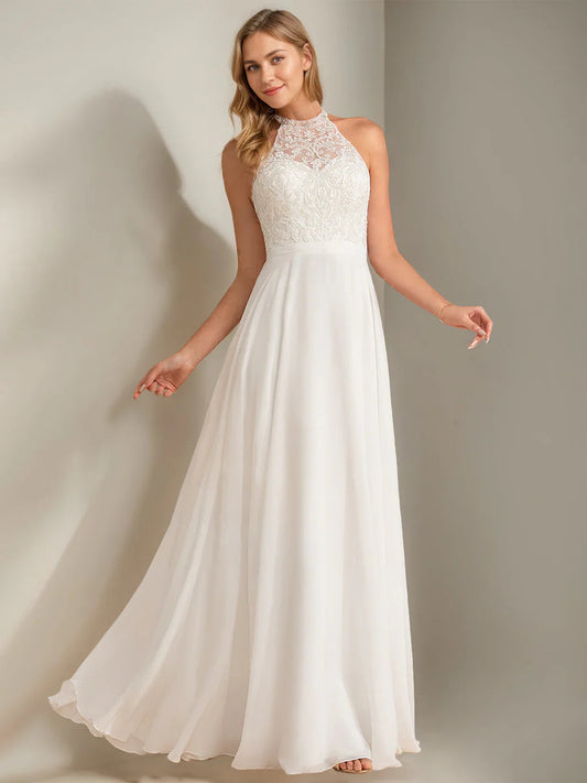 Halter Lace Applique Chiffon Wedding Dress with Open Back A Line Floor Length Bridal Dress
