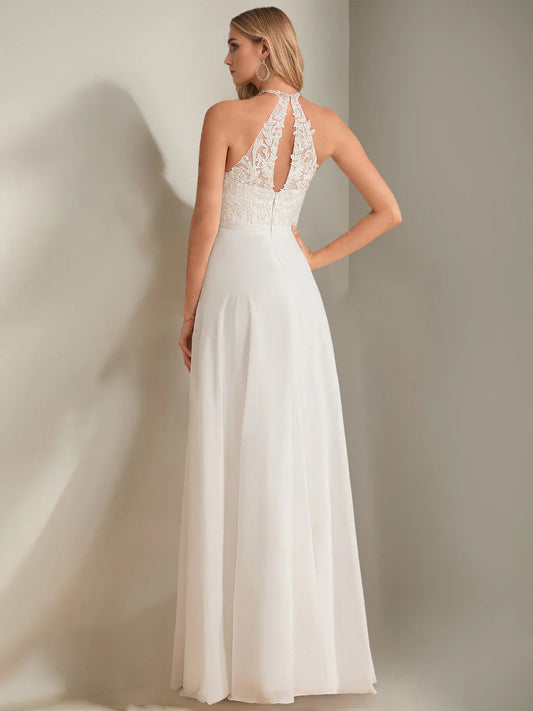 Halter Lace Applique Chiffon Wedding Dress with Open Back A Line Floor Length Bridal Dress
