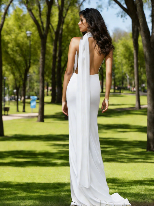 Halter Neck Draped Scarf Backless Mermaid Wedding Dress Sweep Train Satin Bridal Dress