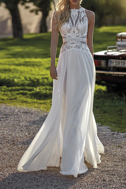 Halter Neck Lace Applique Chiffon A-Line Wedding Dress with Sheer Back & Chapel Train