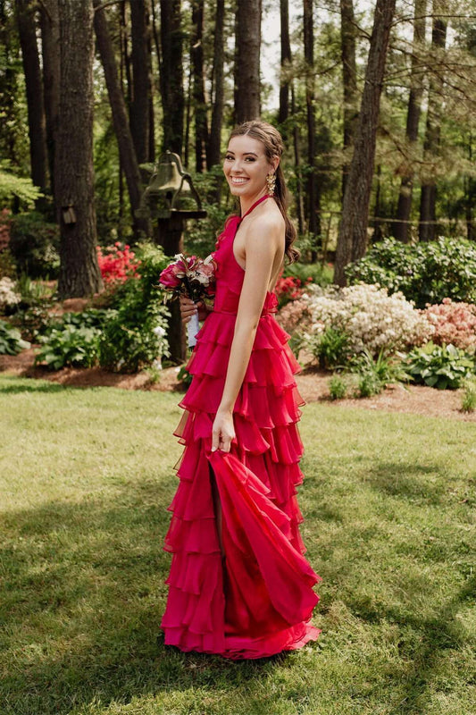 Halter Neck Ruffled Tiered Prom Dress with Keyhole Detail, Open Back & High Front Slit by JiMiss Dresses