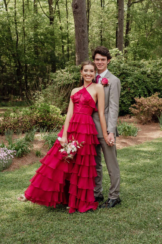 Halter Neck Ruffled Tiered Prom Dress with Keyhole Detail, Open Back & High Front Slit by JiMiss Dresses