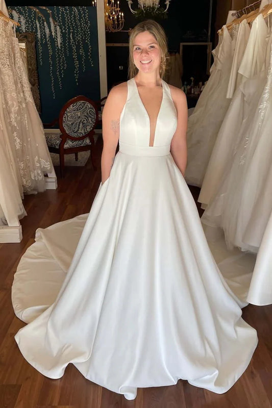 Halter Neck Wedding Dresses with Deep V-Neck, Oversized Back Bow and Full Satin Train Bridal Gown by LANQI DRESS