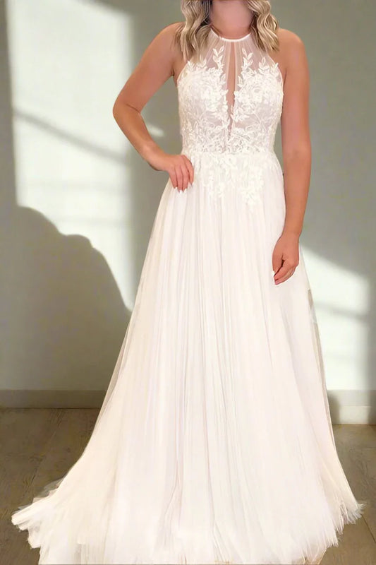 Halter Neck Wedding Dresses with Lace Applique Bodice, Tulle Skirt and Convertible Back Bridal Dress
